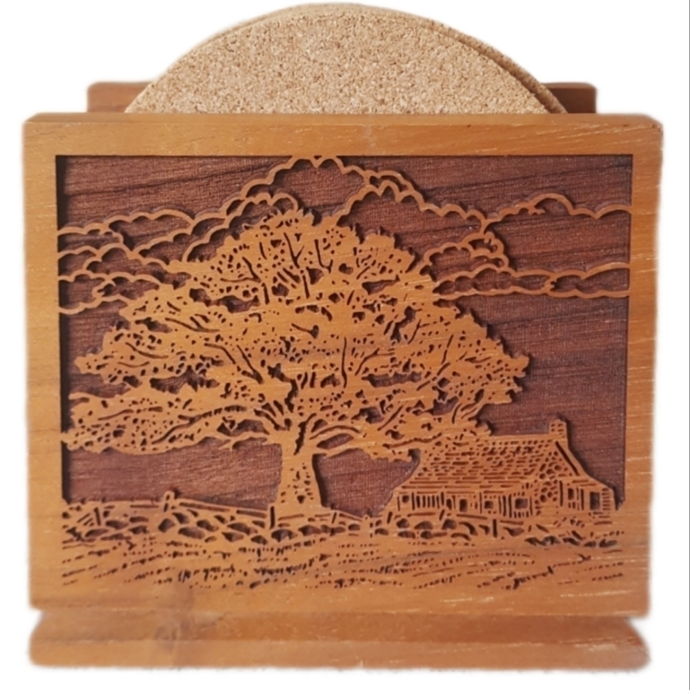 1970s Lasercraft Walnut Coaster Set Mid-Century Cabincore